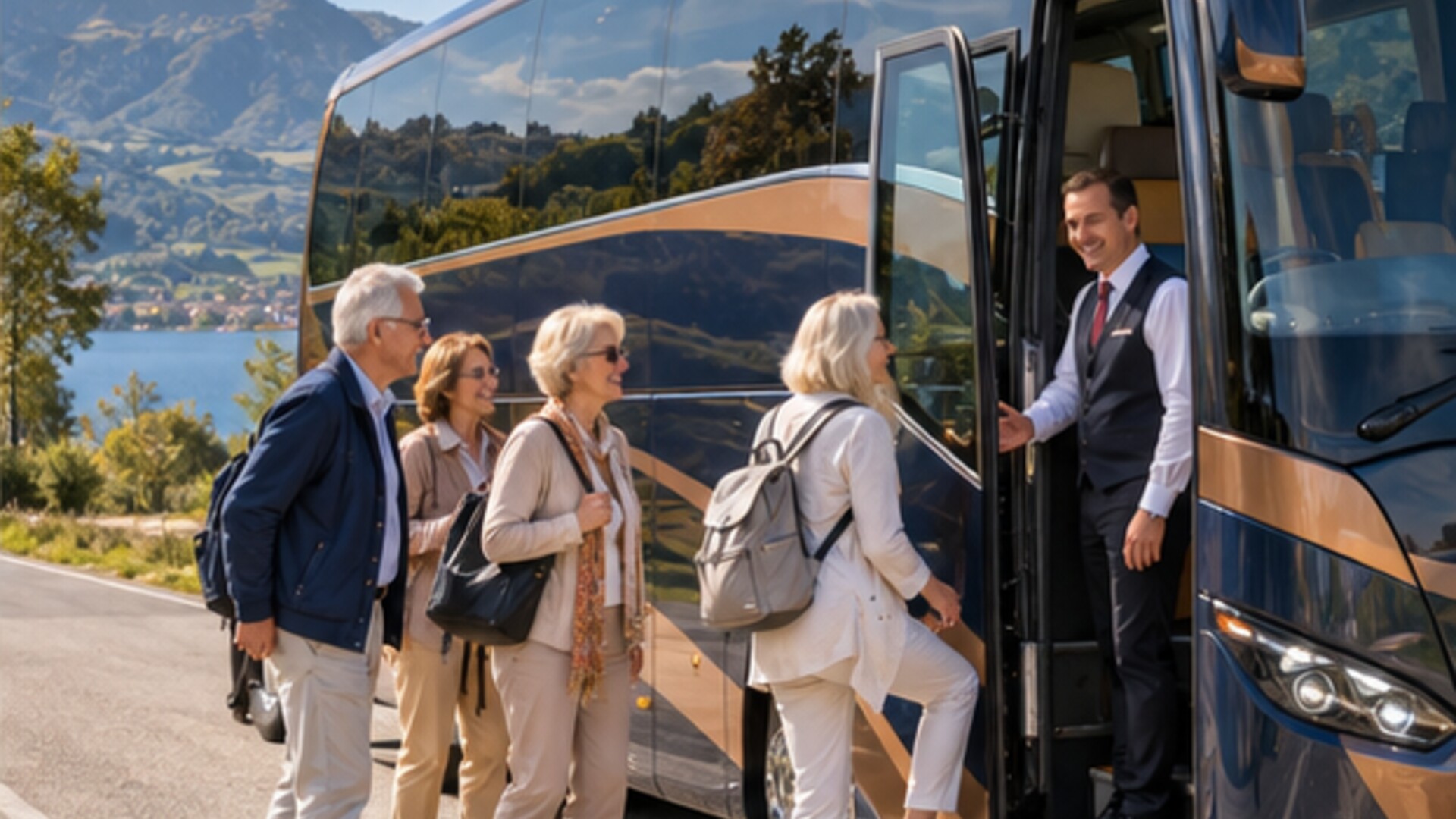 Reisegruppe steigt in einen modernen Reisebus